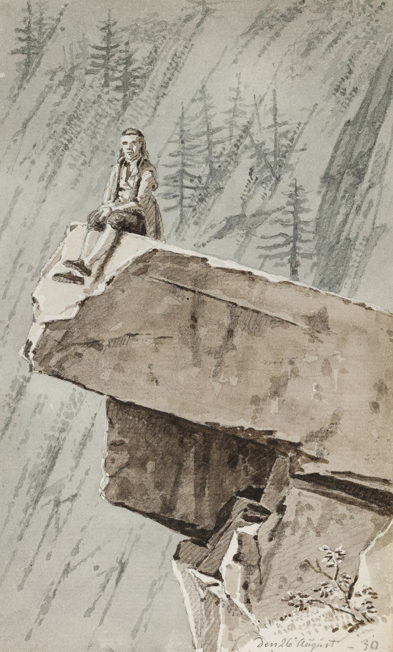 A man sits on a rocky outcrop in a mountain landscape, oil painting by Martinus Rørbye.