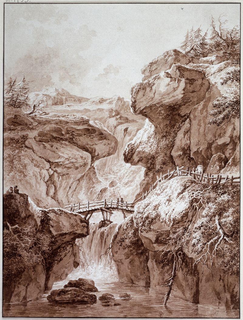 Wasserfall in einer Felsenschlucht, oil on canvas by Johann Heinrich Wüest, depicting a waterfall in a rocky gorge.
