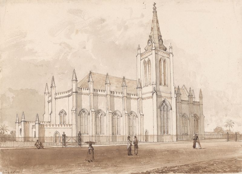 Trinity Church de Michel Jean Cazabon, arquitetura com tons terrosos suaves contra um céu suave