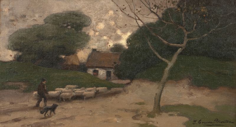 Return of the Flock, oil on canvas by Thomas Corsan Morton, depicting a flock of birds in a serene landscape.