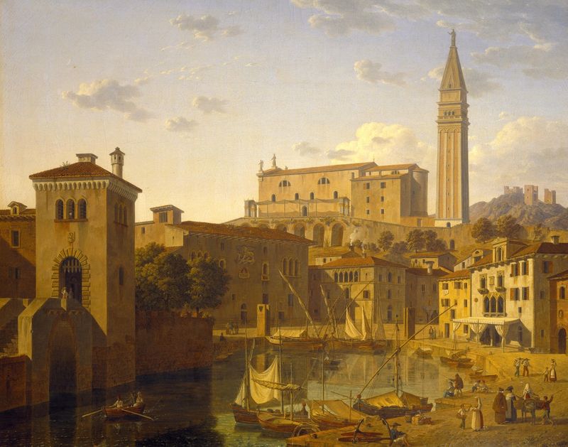 The Harbour At Pirano, Istria by Leo Von Klenze, oil on canvas showing boats at sunset.