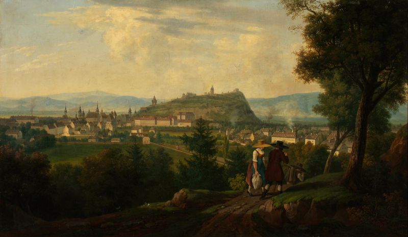 Graz mit Schlossberg de Alois von Saar, óleo sobre tela que retrata uma serena paisagem austríaca