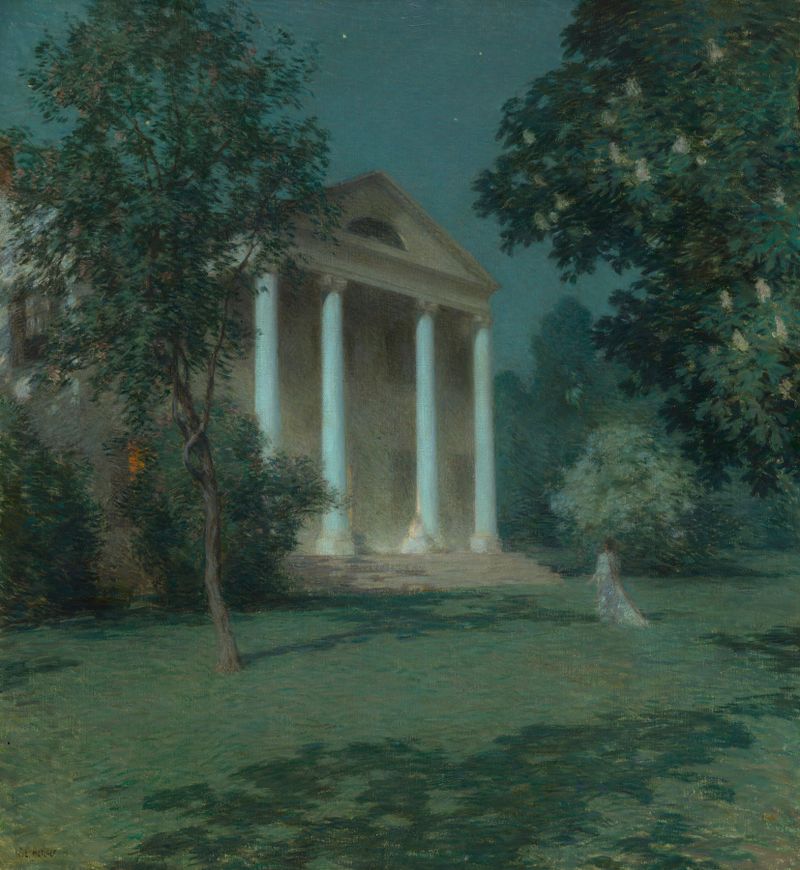 Landscape at dusk with shadows, oil painting by Willard Leroy Metcalf