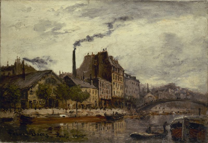 La démolition de l’ancien pont de la Tournelle, oil on canvas by Frank Myers Boggs