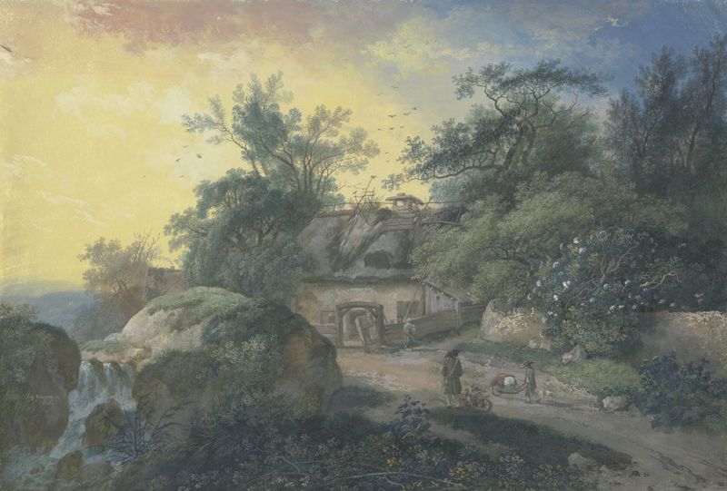 Rococo oil painting by Johann Georg Wagner depicting a farm with figures and a blooming elderberry bush.