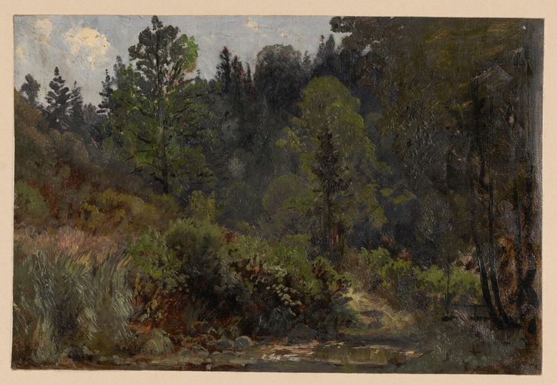 Bush and Trees by the Szczawnik, óleo sobre lienzo de Adolf Dressler, que representa un denso matorral.