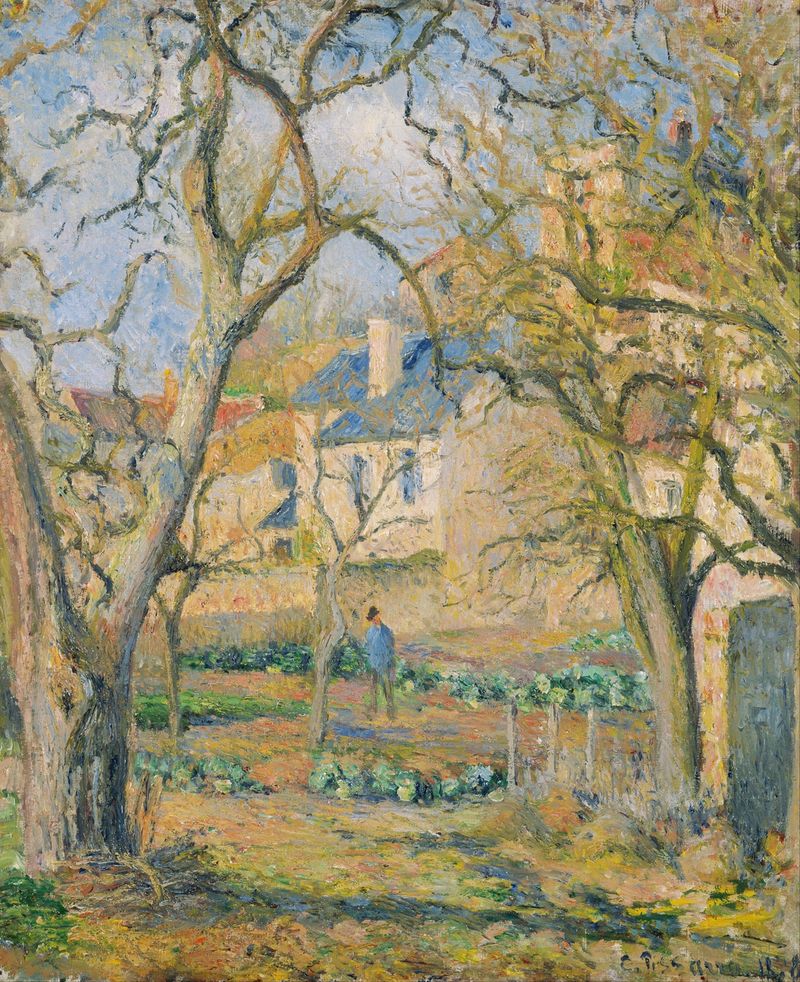 Vegetable Garden de Camille Pissarro, pintura a óleo mostrando trabalhadores em um jardim exuberante