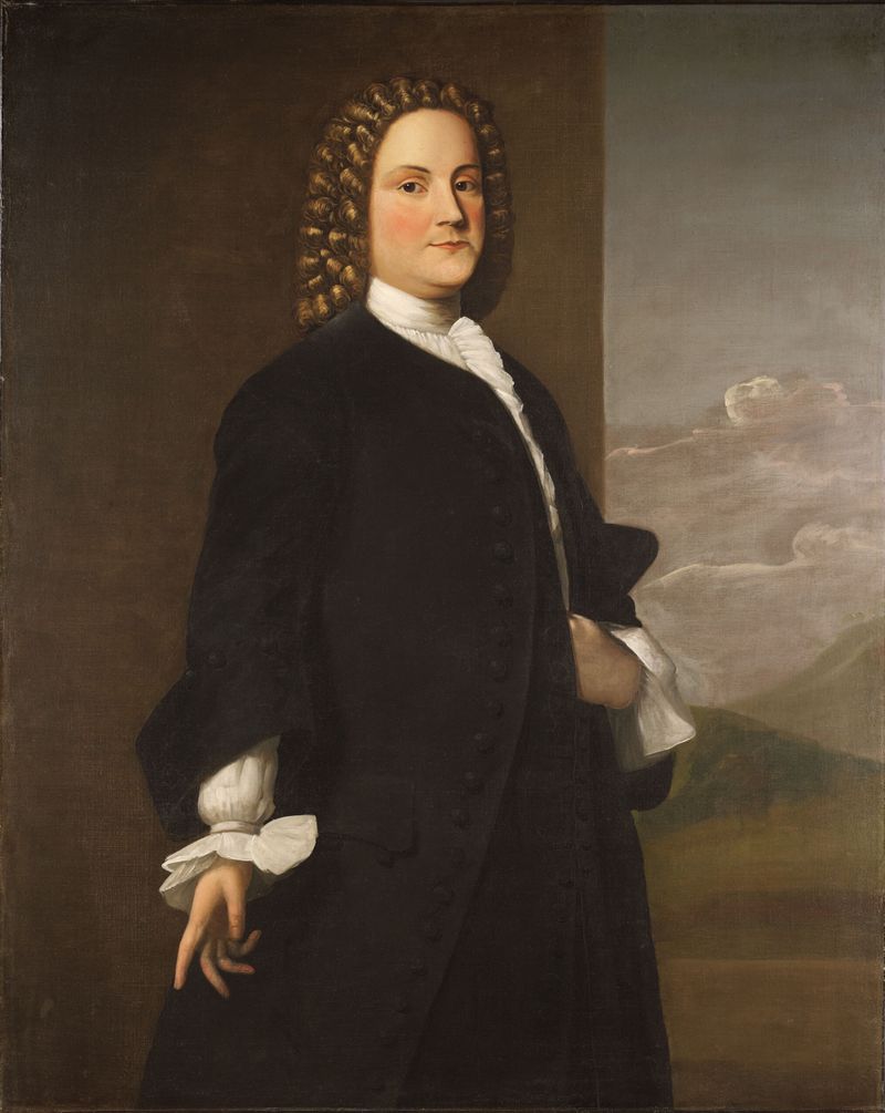Portrait of Benjamin Franklin, oil on canvas by Robert Feke, featuring chiaroscuro lighting.