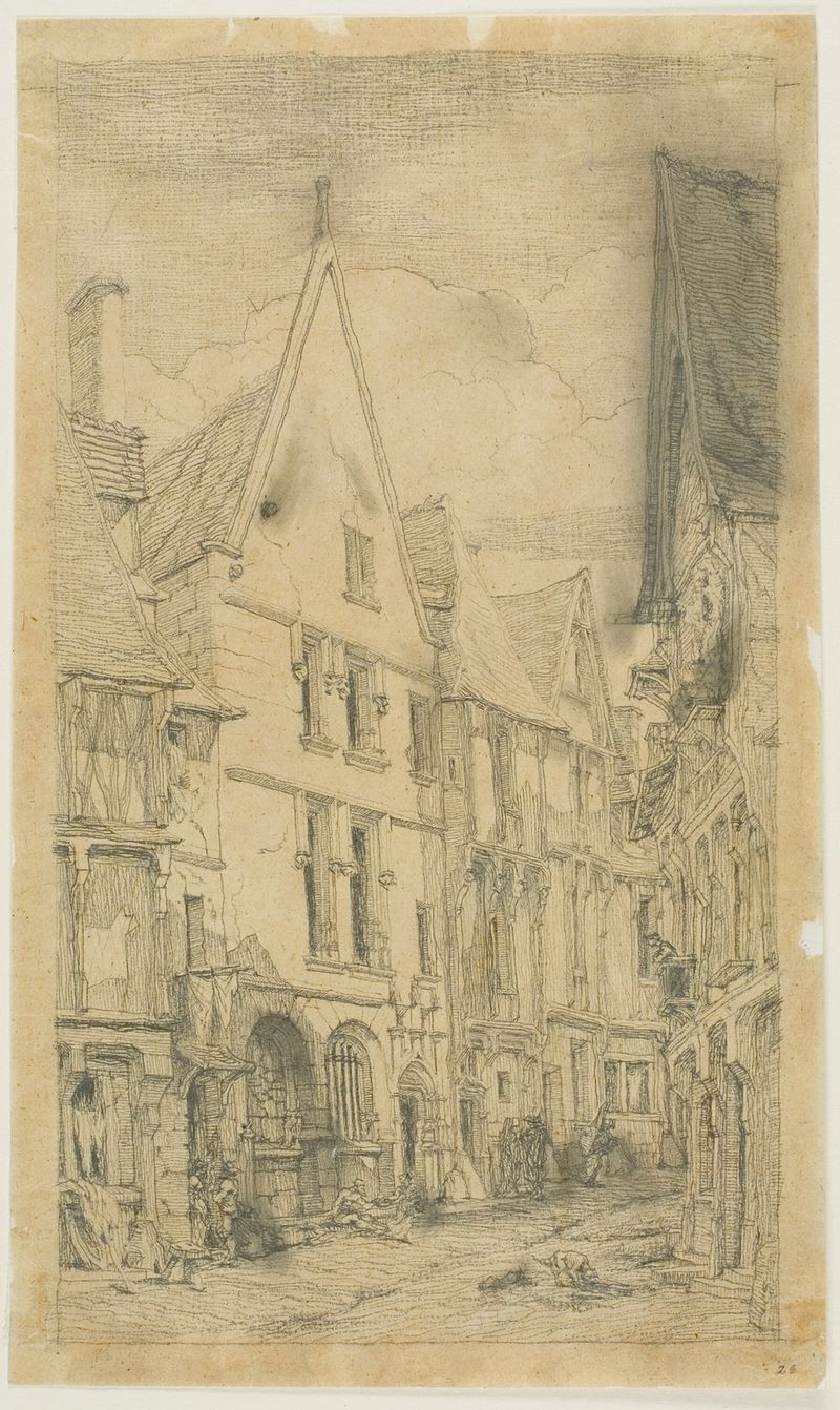 Etching by Charles Meryon depicting Rue des Toiles, Bourges with urban architecture.