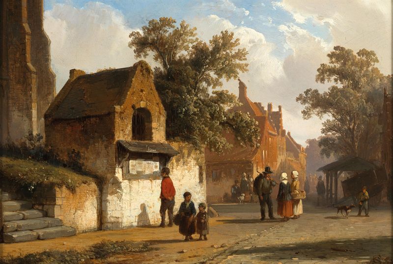 A Village Road by Cornelis Springer, oil painting depicting a winding village path with wildflowers.