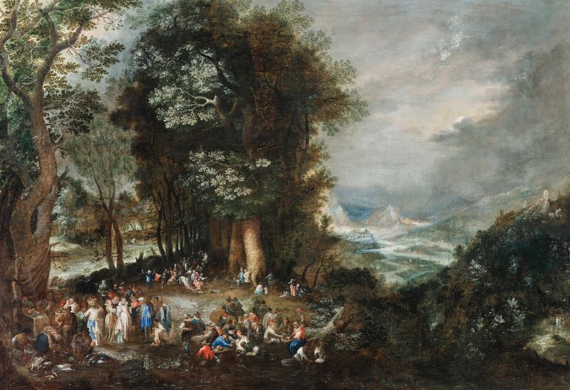 Genre scene with figures around a campfire in a forest by Johann Jakob Hartmann, oil painting