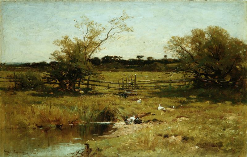 East Hampton Meadows, oil on canvas by George Henry Smillie, depicting a serene landscape with meadows and sunlight.