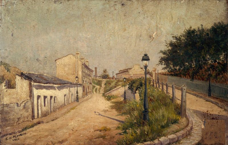 La rue du Pot-au-Lait by Eugène de Ménorval, Impressionism, landscape with pastel buildings.