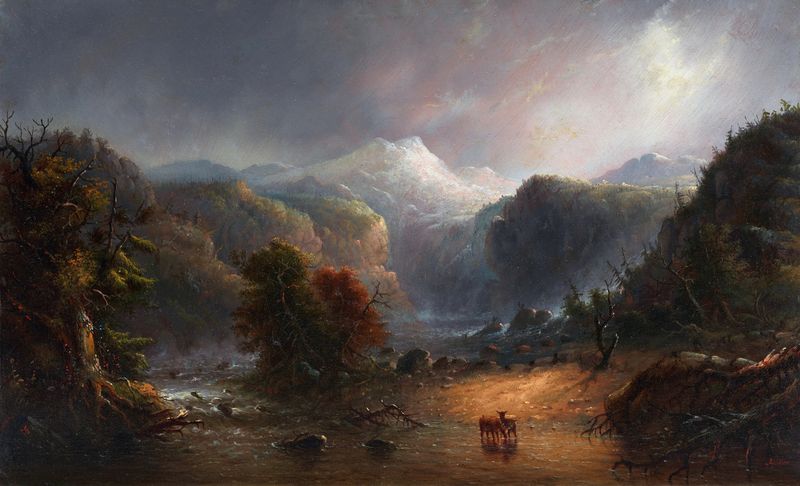 Paisaje con un lago tranquilo y colinas onduladas de Alfred Jacob Miller, pintura al óleo
