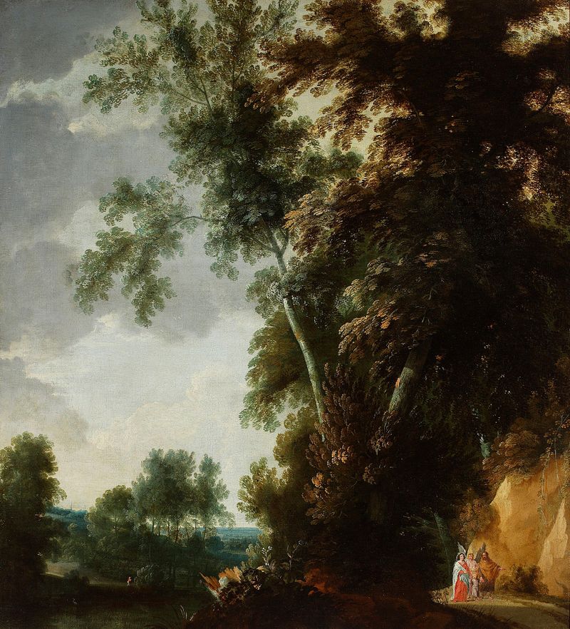 Cena religiosa de Maria, José e Jesus em uma paisagem, pintura a óleo de Jacques d' Arthois