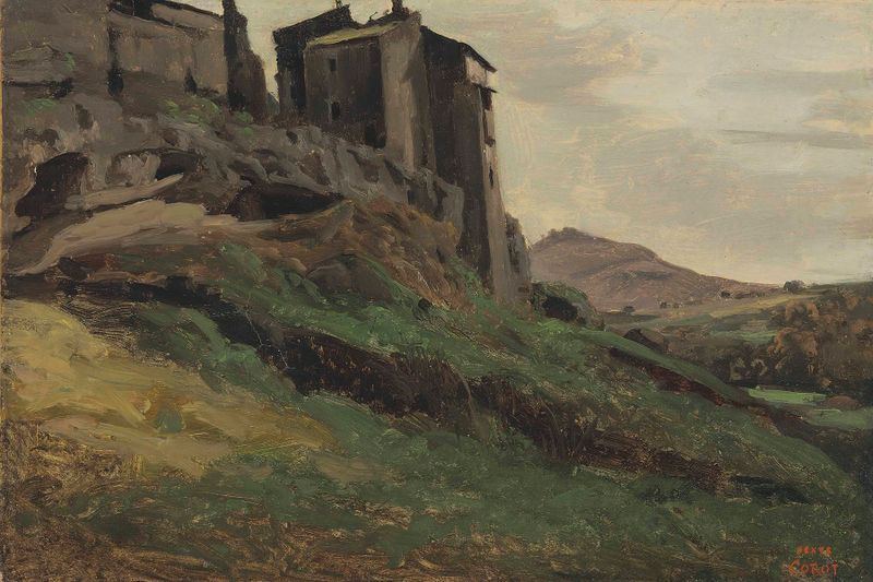 Paisaje con acantilados y fábricas, pintura al óleo de Jean-Baptiste-Camille Corot