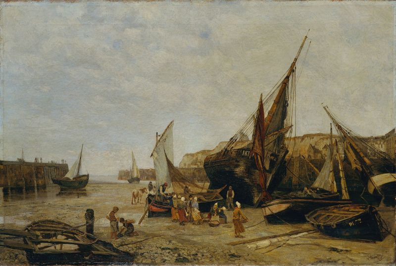 Pintura al óleo de Maria von Parmentier que representa un puerto con barcos y reflejos en el agua.