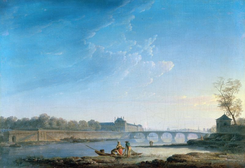 Landscape depicting Le quai des Tuileries with river and crowd by Alexandre-Jean Noël