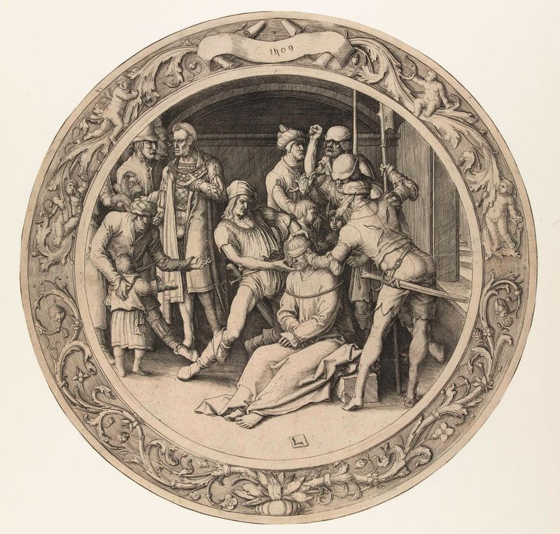 Grabado de Lucas van Leyden que muestra una multitud alrededor de una figura central en una escena religiosa
