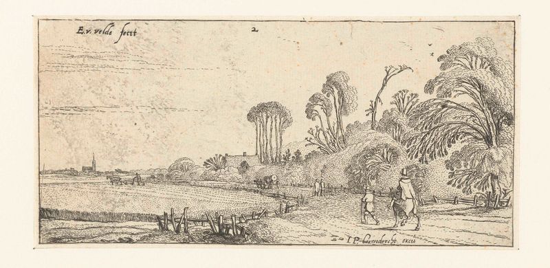 Landscape with a rider and walker on a path, etching by Esaias van de Velde