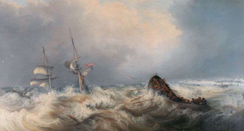 Shipwreck off the coast in winter by William Joy, oil painting depicting a stormy sea and shipwreck.