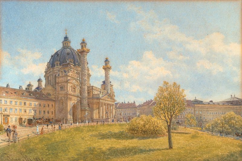 A view of Saint Charles’s church with strollers, oil on canvas by Franz Alt