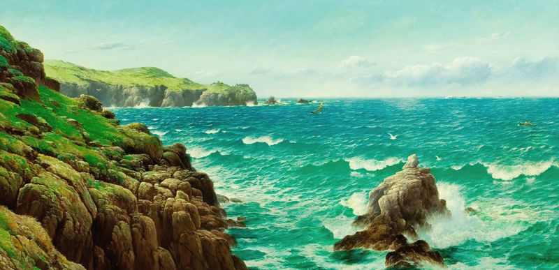 Sea Cliffs de David James, óleo sobre tela representando falésias e ondas do oceano.