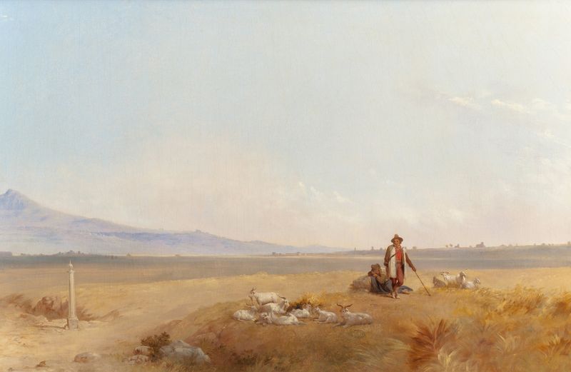 Shepherds de John Gadsby Chapman, óleo sobre tela que retrata pastores serenos em uma paisagem pastoral.