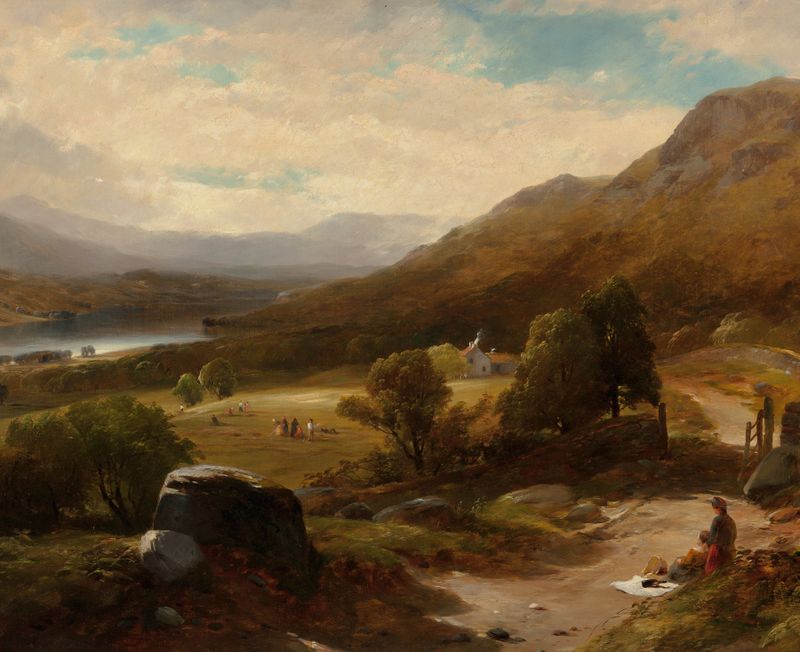 Lake Windermere, Inglaterra de William M. Hart, pintura al óleo que muestra agua tranquila y montañas.