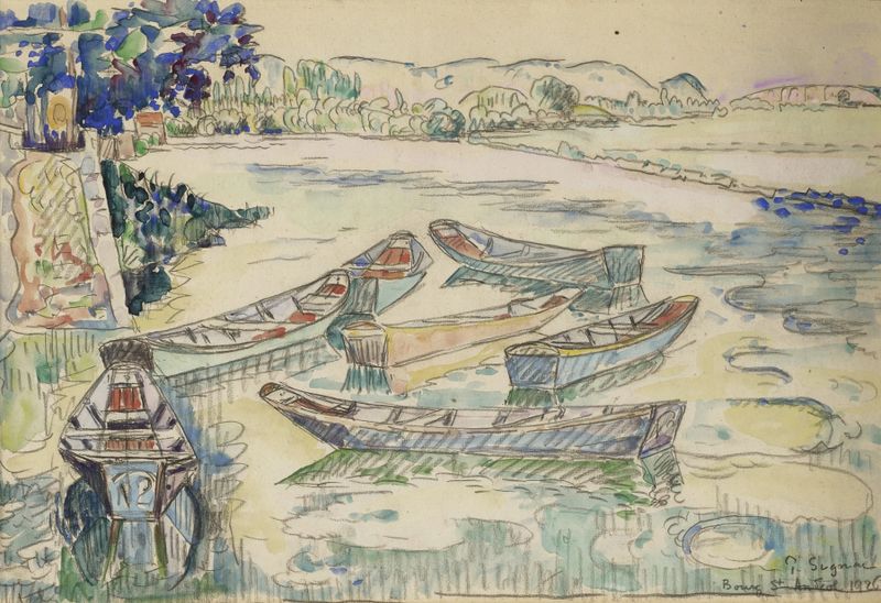 Bourg Saint-Andéol, óleo sobre lienzo de Paul Signac, con un colorido paisaje fluvial.