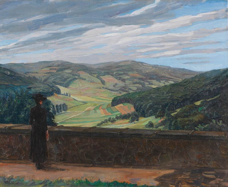 Landscape of green hills with soft light, oil on canvas by Wilhelm Trübner