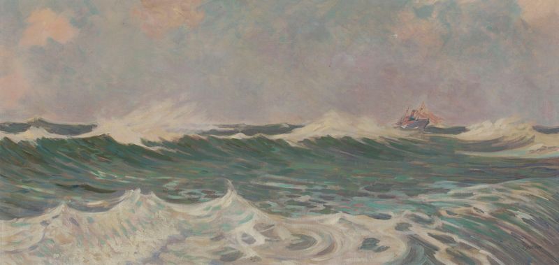 Marine View by Ludwik Cylkow, oil on canvas showing a tranquil horizon and water.