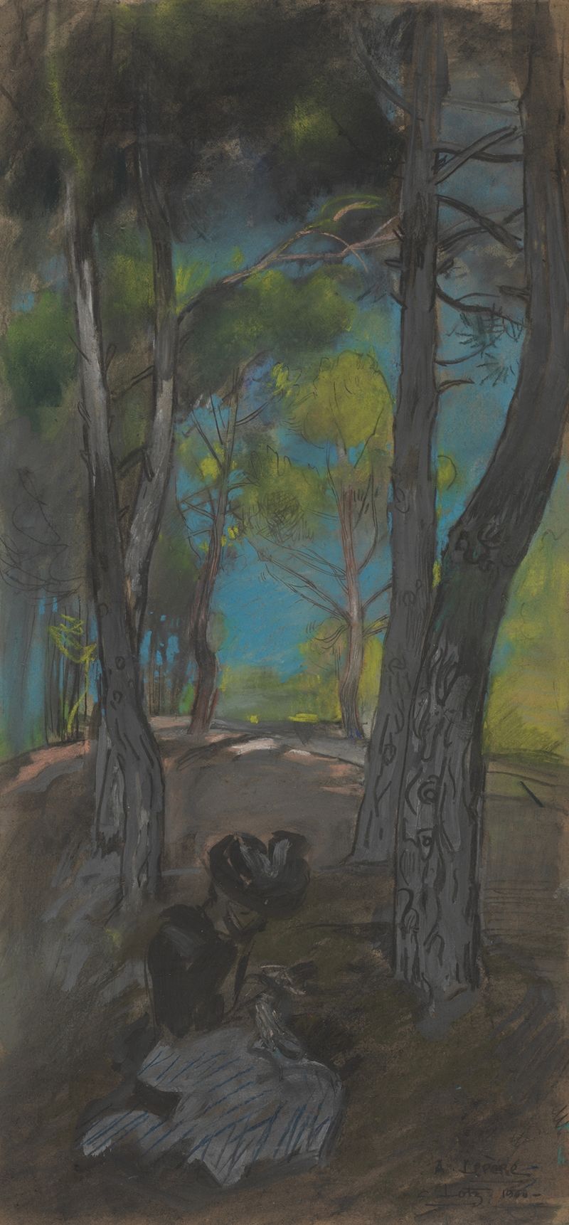 Grabado de Auguste Louis Lepère que muestra una figura solitaria en un entorno sereno