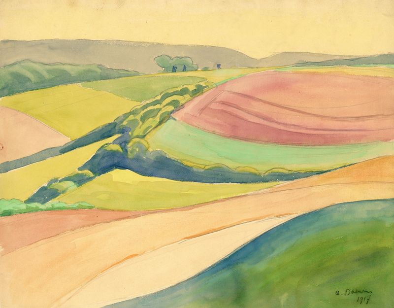 Aquarela de Albert Daenens retratando uma paisagem serena com suaves verdes e azuis.