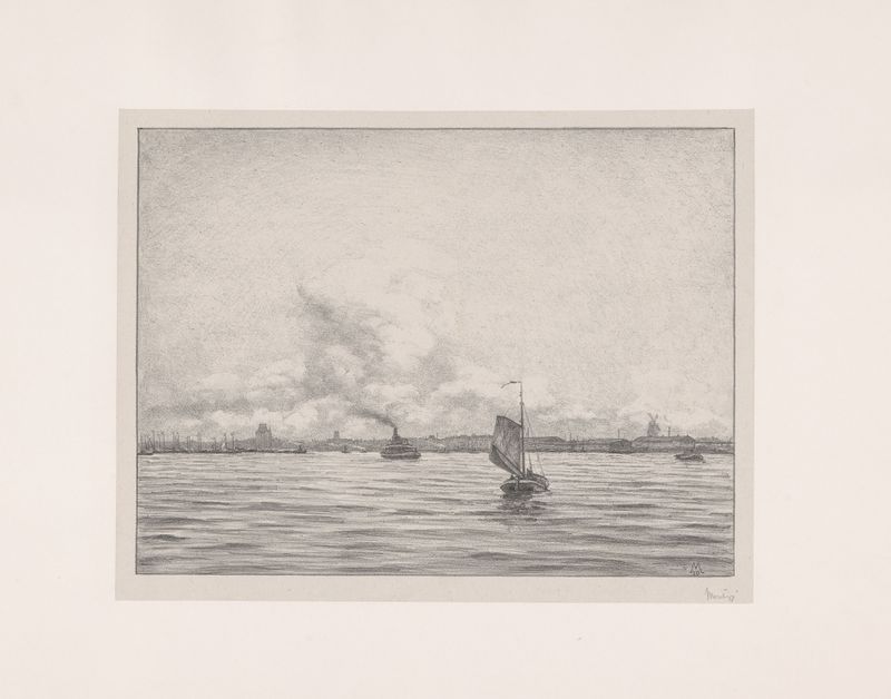 Paisaje de Rotterdam al anochecer, óleo sobre lienzo de Simon Moulijn