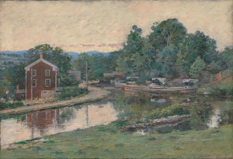 Evening at the Lock, oil painting by Theodore Robinson, depicting a tranquil river at sunset.