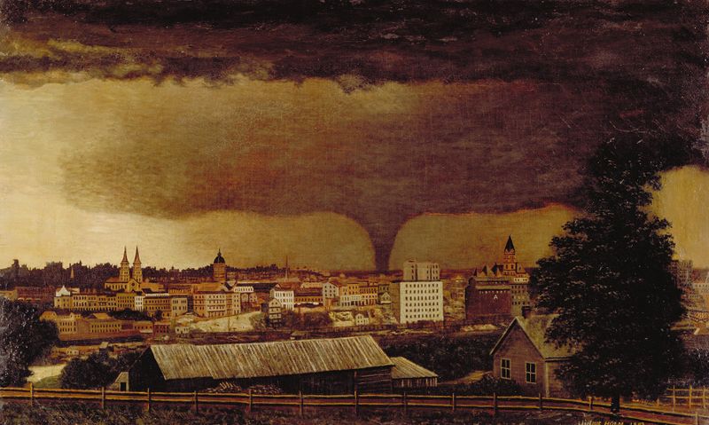 Tornado sobre St. Paul de Julius Holm, pintura al óleo que muestra un cielo tormentoso sobre una ciudad.