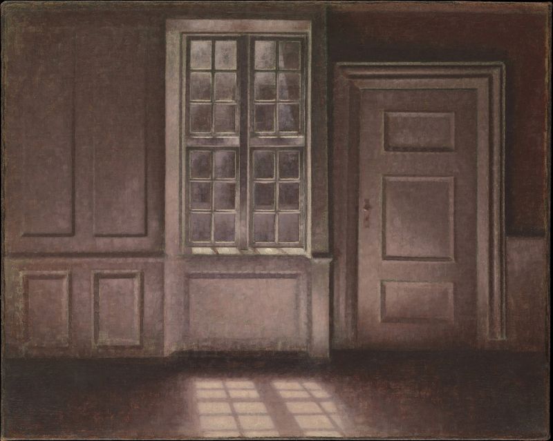 Interior scene with soft moonlight, oil painting by Vilhelm Hammershøi