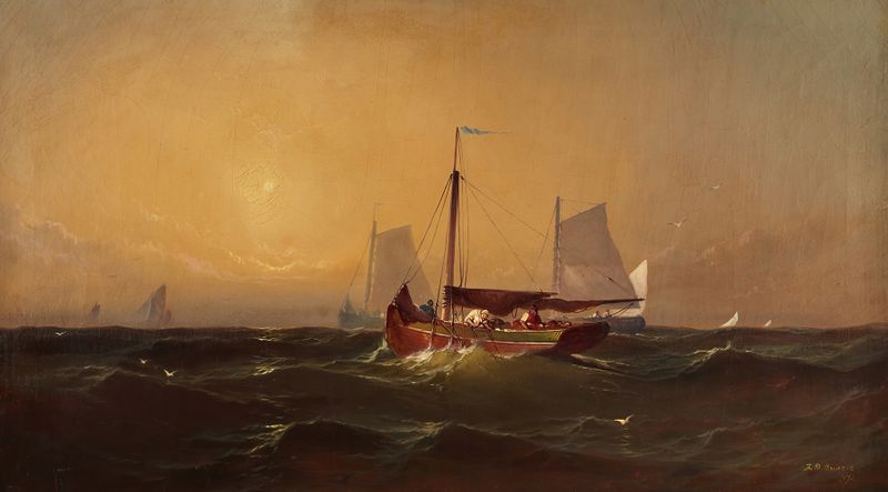 Sea Scene with Boats, óleo sobre tela de Franklin D. Briscoe, retratando pequenos barcos de pesca no oceano.