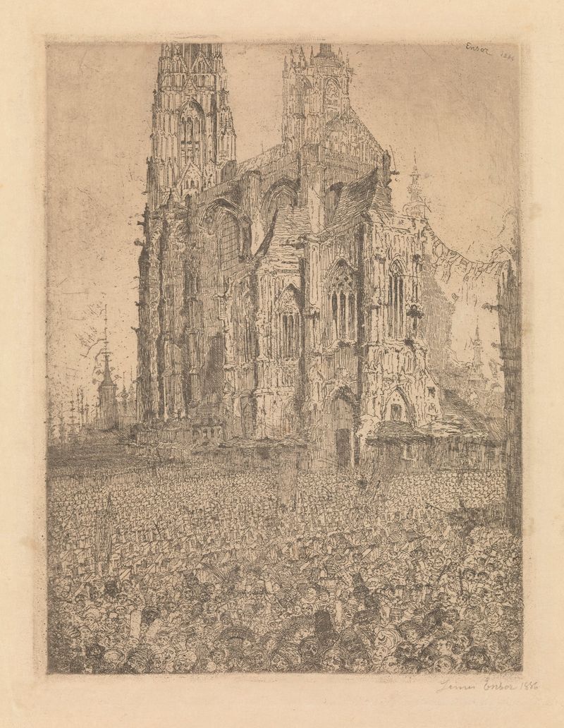 The Cathedral by James Ensor, oil painting depicting a towering cathedral with vibrant colors.