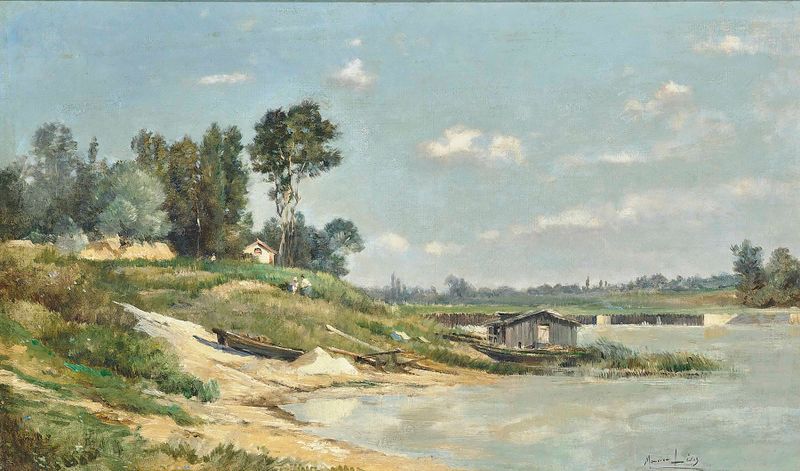A River Landscape by Maurice Levis, oil painting depicting a tranquil river scene.