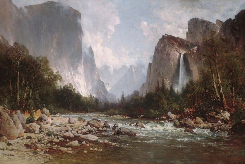 View of Yosemite Valley de Thomas Hill, pintura al óleo que representa acantilados de granito y follaje exuberante.