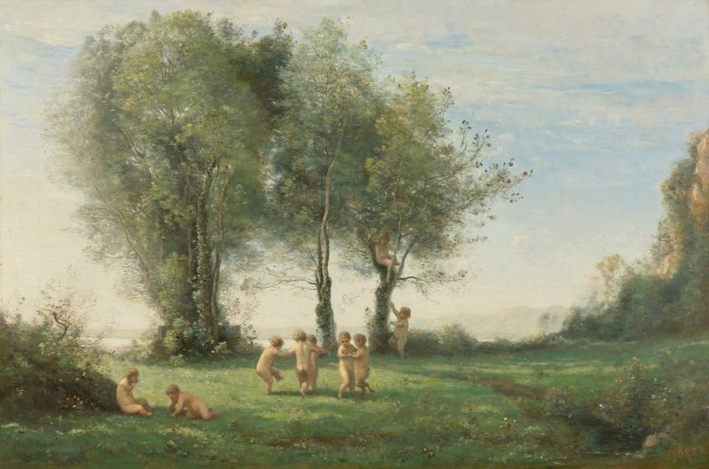 Ronde D’amours; Lever Du Soleil pintura al óleo de Jean-Baptiste-Camille Corot que representa un amanecer sobre un paisaje