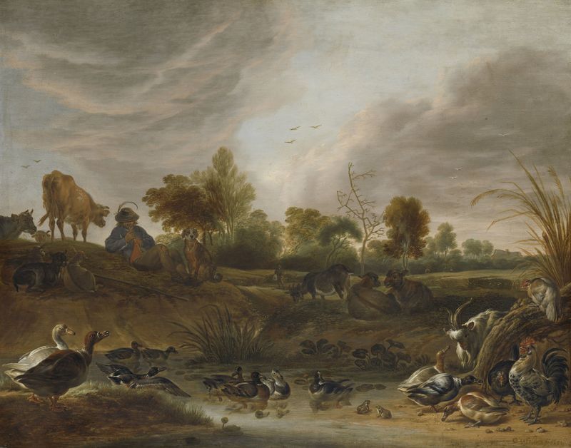 Landscape with Animals by Cornelis Saftleven, oil on panel, featuring a stream and animals in a lush setting.