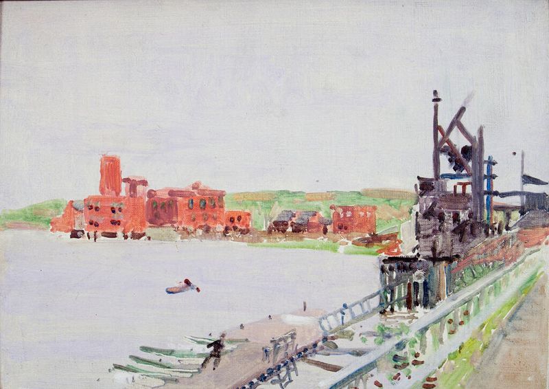 Soap Works, Mystic River de Denman Waldo Ross, óleo sobre tela representando uma paisagem serena de rio