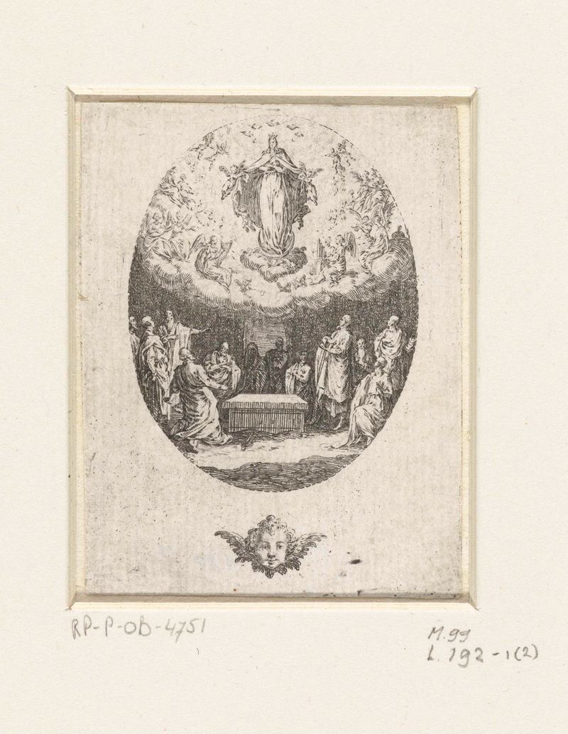 Grabado de Jacques Callot que representa la ascensión de María envuelta en luz dorada.