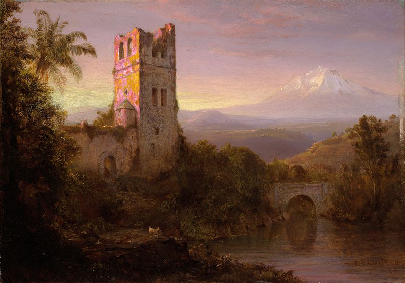 Chimborazo Volcano de Frederic Edwin Church, pintura a óleo de uma paisagem exuberante e um vulcão imponente.