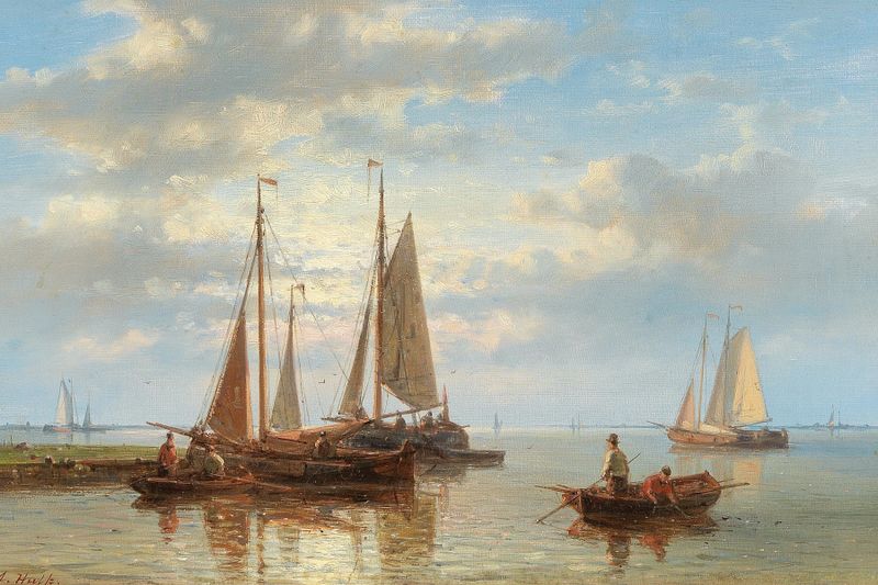 Sailing Boats On Rough Seas by Abraham Hulk, oil painting of boats struggling against a stormy ocean.