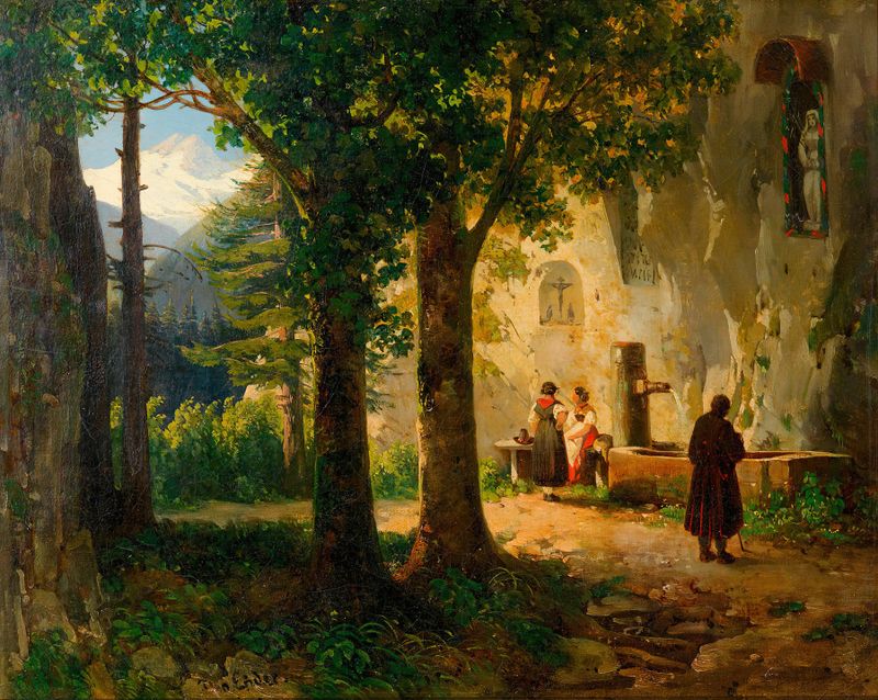 Andächtige bei einer Heilquelle de Thomas Ender, pintura a óleo que mostra figuras perto de uma fonte curativa.