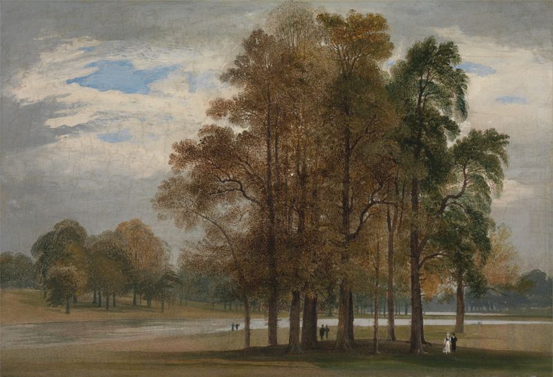 Hyde Park by John Martin, oil painting depicting lush greenery and shadowy figures